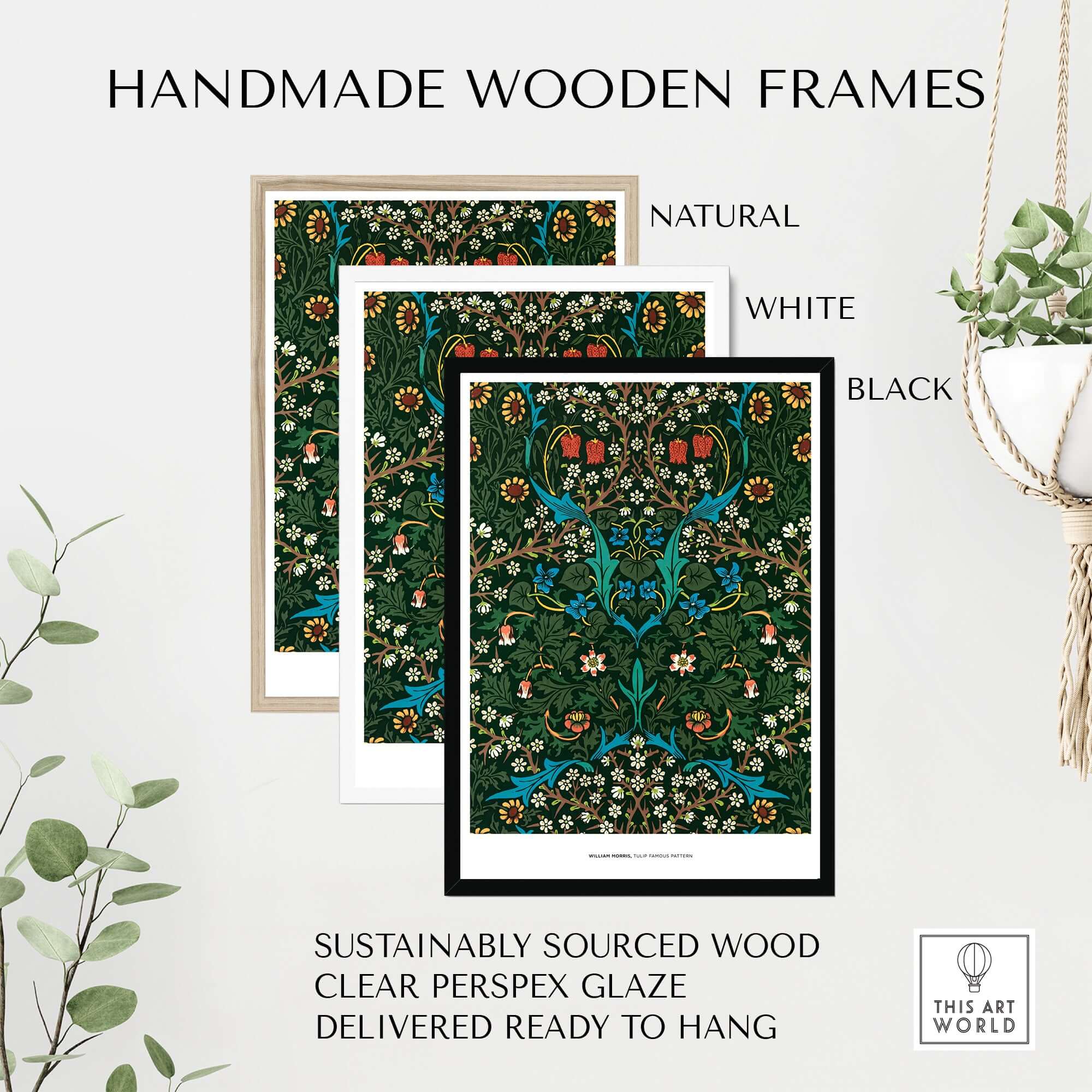 Handmade wooden frames in natural, white, and black for Exhibition Art Print William Morris Tulip Famous Pattern Arts Crafts Floral Poster Wall Art.