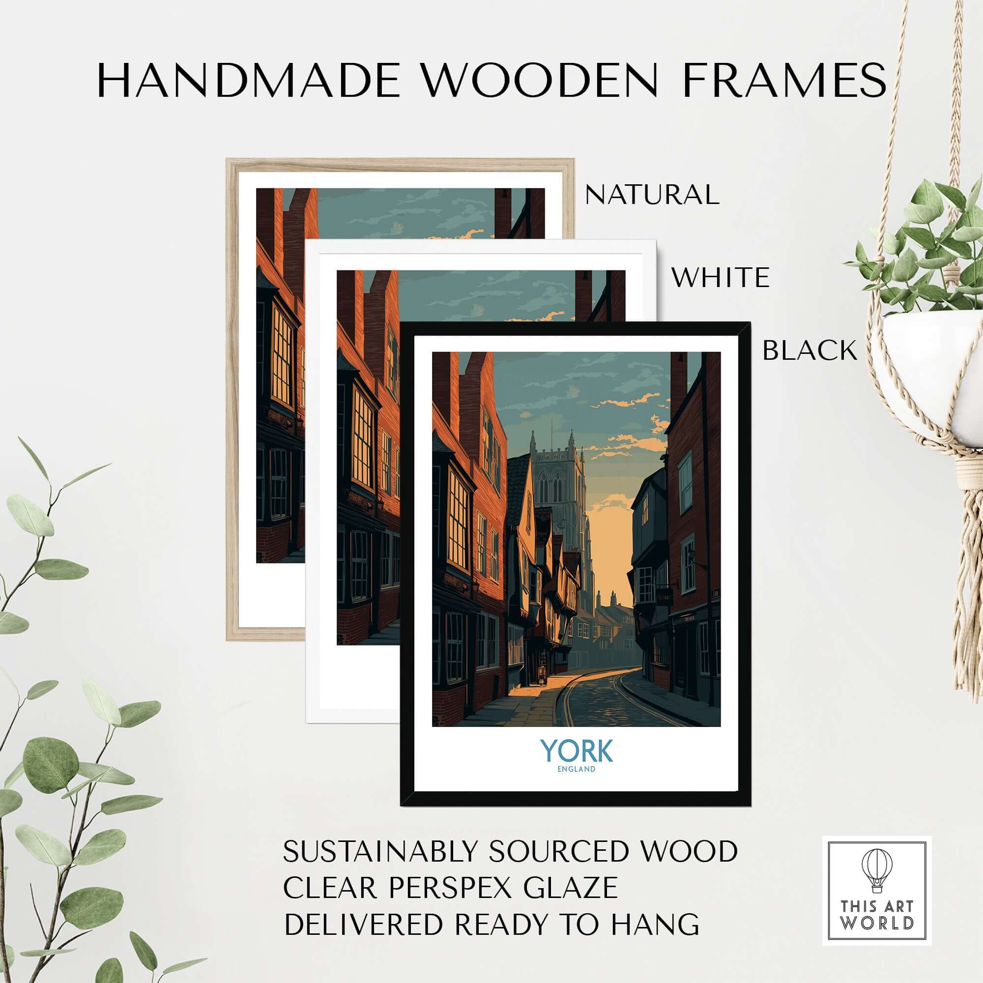 York England Minster Lane Wall Art - Classic English Architecture Decor displayed in handmade wooden frames.