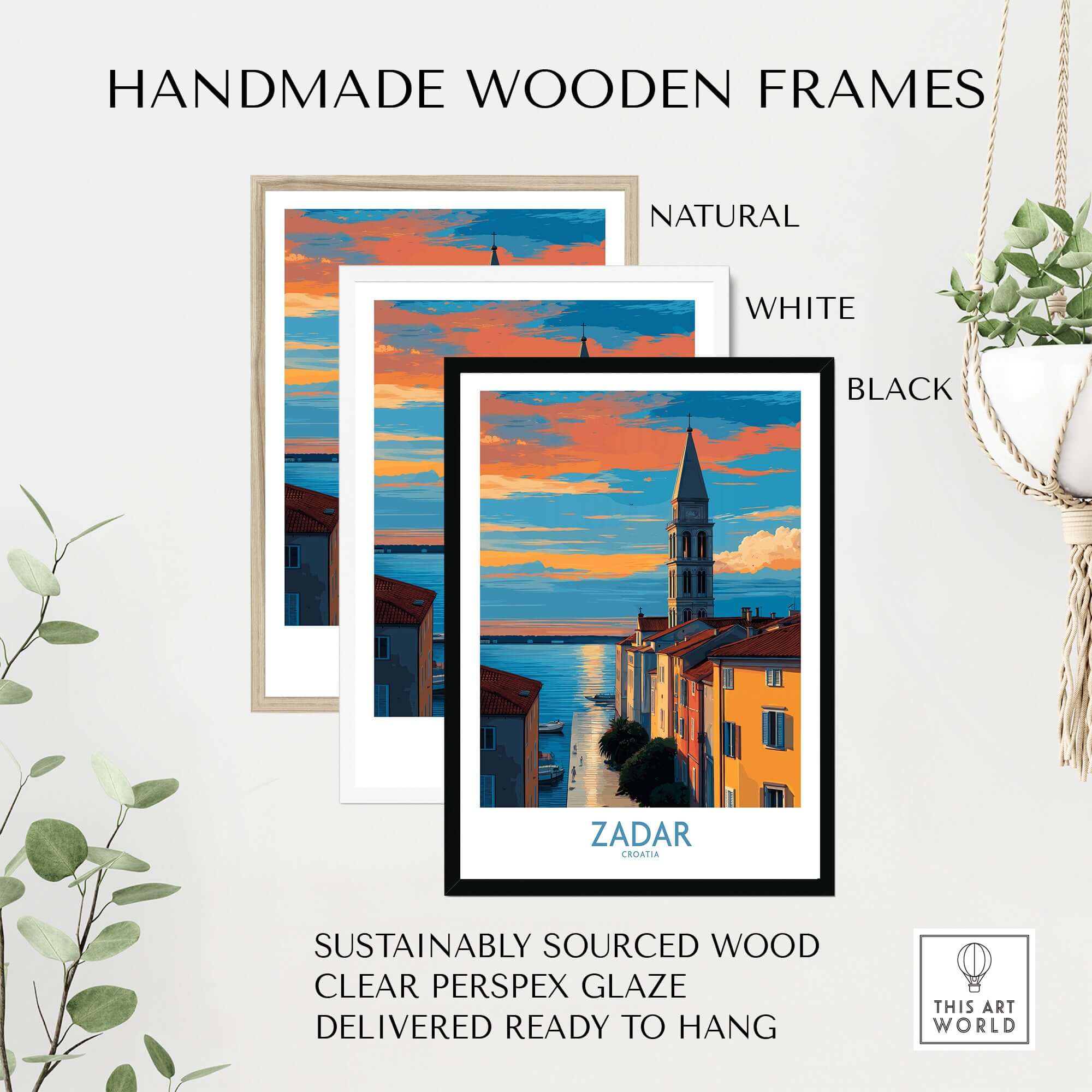 Zadar Croatia Sunset Bell Tower Art Print | Old Town Seascape Poster displayed in handmade wooden frames.