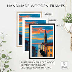 Zadar Poster - Dalmatian Coast Twilight View Print | Croatian Home Decor displayed in handmade wooden frames.
