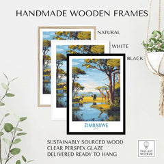 Zimbabwe Poster - African Safari Wall Art - Giraffe and Elephant Print showcased in handmade wooden frames.