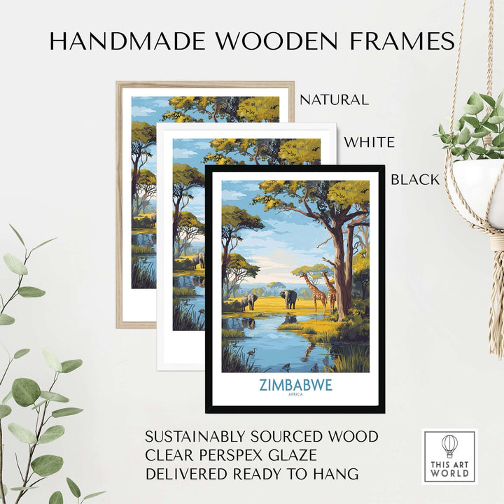 Handmade wooden frames in natural, white, and black for Zimbabwe wall art, showcasing sustainable materials and clear glaze.