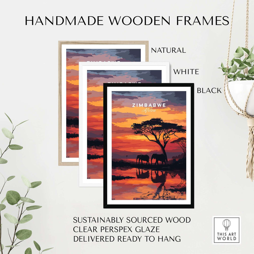 Handmade wooden frames in natural, white, and black showcasing a vibrant Zimbabwe travel poster with elephants.