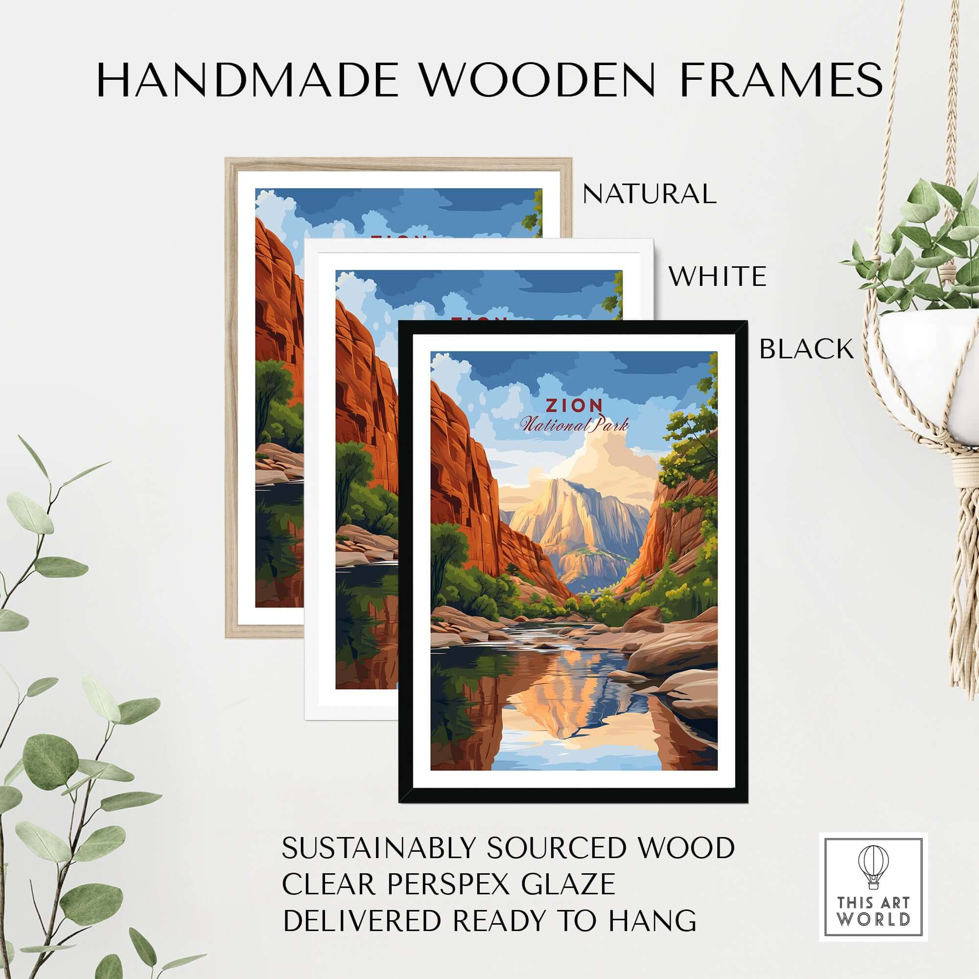 Zion NP The Narrows View Print | Utah Hiking Wall Decor with handmade wooden frames in natural, white, and black finishes.
