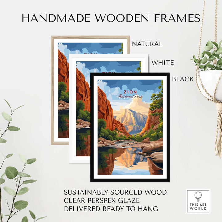 Zion NP The Narrows View Print | Utah Hiking Wall Decor in handmade wooden frames, featuring natural, white, and black options.