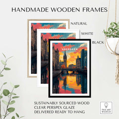 Aberdeen Print | Vibrant Urban Wall Decor showcased in handmade wooden frames in natural, white, and black finishes.