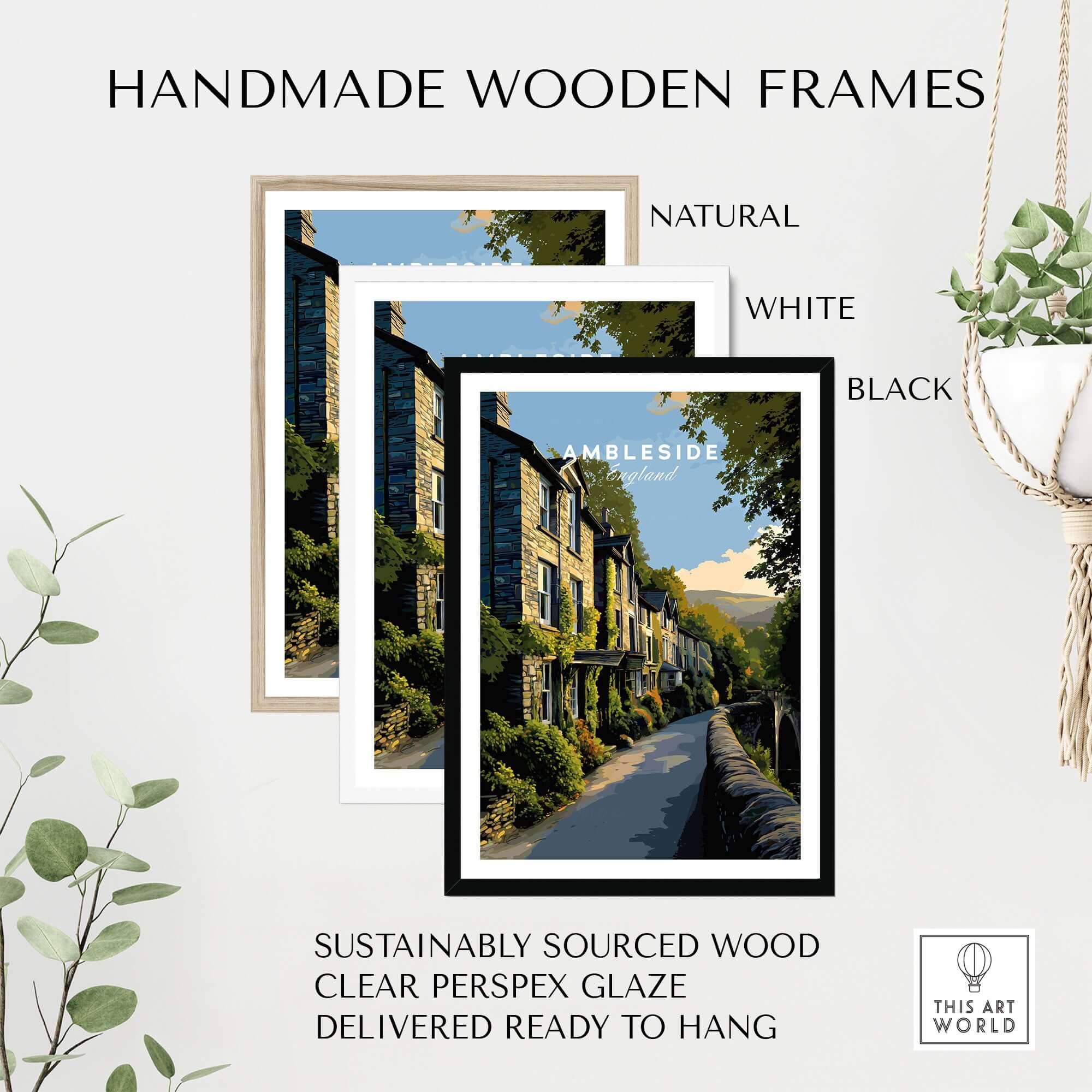 Ambleside Cumbria Stone Buildings Print | English Countryside Wall Decor framed in natural, white, and black handmade wooden frames.