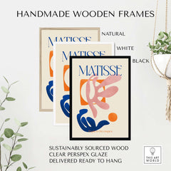 Handmade wooden frames for Matisse Papiers Découpés Pink Blue Abstract Art Print, available in natural, white, and black.