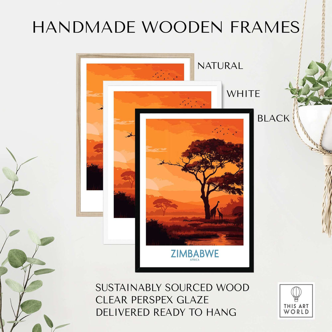 Handmade wooden frames in natural, white, and black for Zimbabwe Safari Sunset Poster, ready to hang.