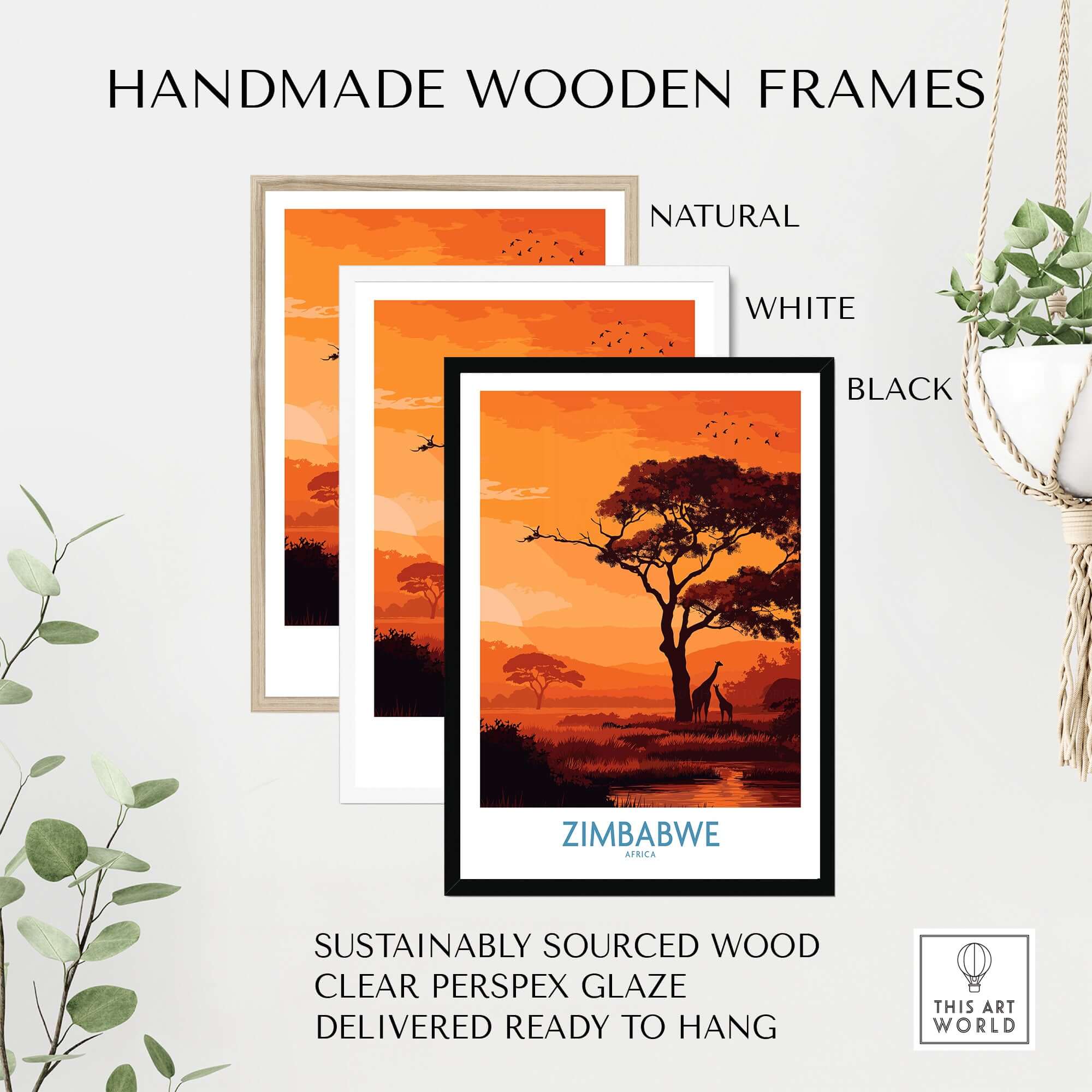 Handmade wooden frames for Zimbabwe Safari Sunset Poster - Africa Giraffe Wall Art - Wildlife Travel Print, available in natural, white, and black.