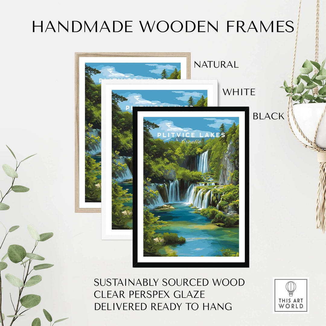 Handmade wooden frames in natural, white, and black for Plitvice Lakes landscape poster, ready to hang.