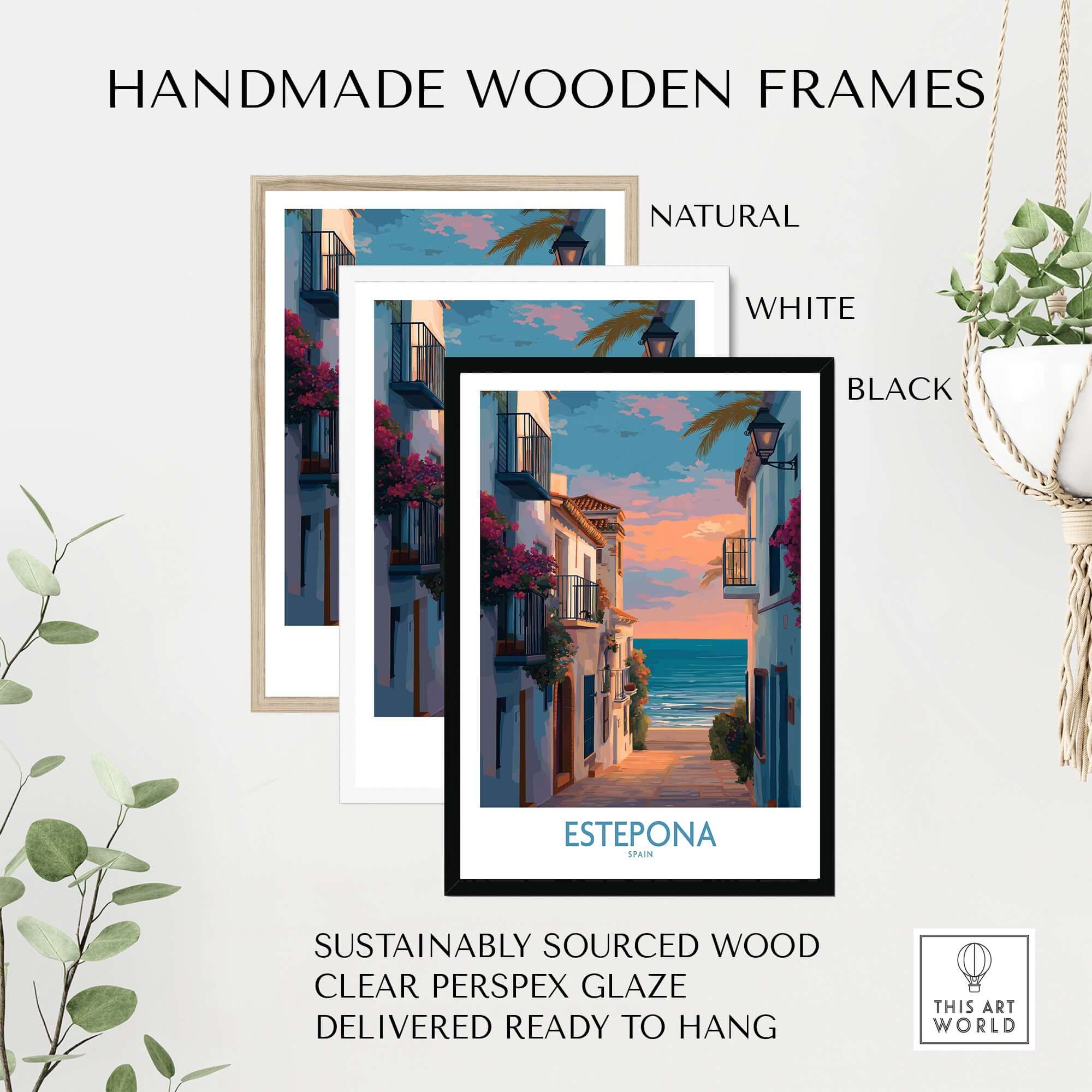 Estepona Spain Sunset Alley Art Print | Romantic Coastal Wall Poster displayed in handmade wooden frames