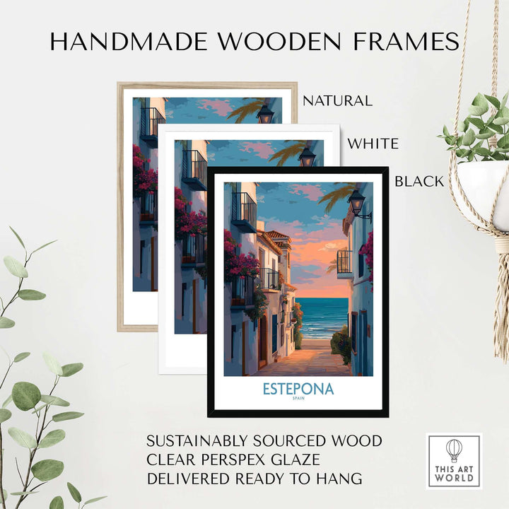 Estepona Spain Sunset Alley Art Print | Romantic Coastal Wall Poster displayed in handmade wooden frames.