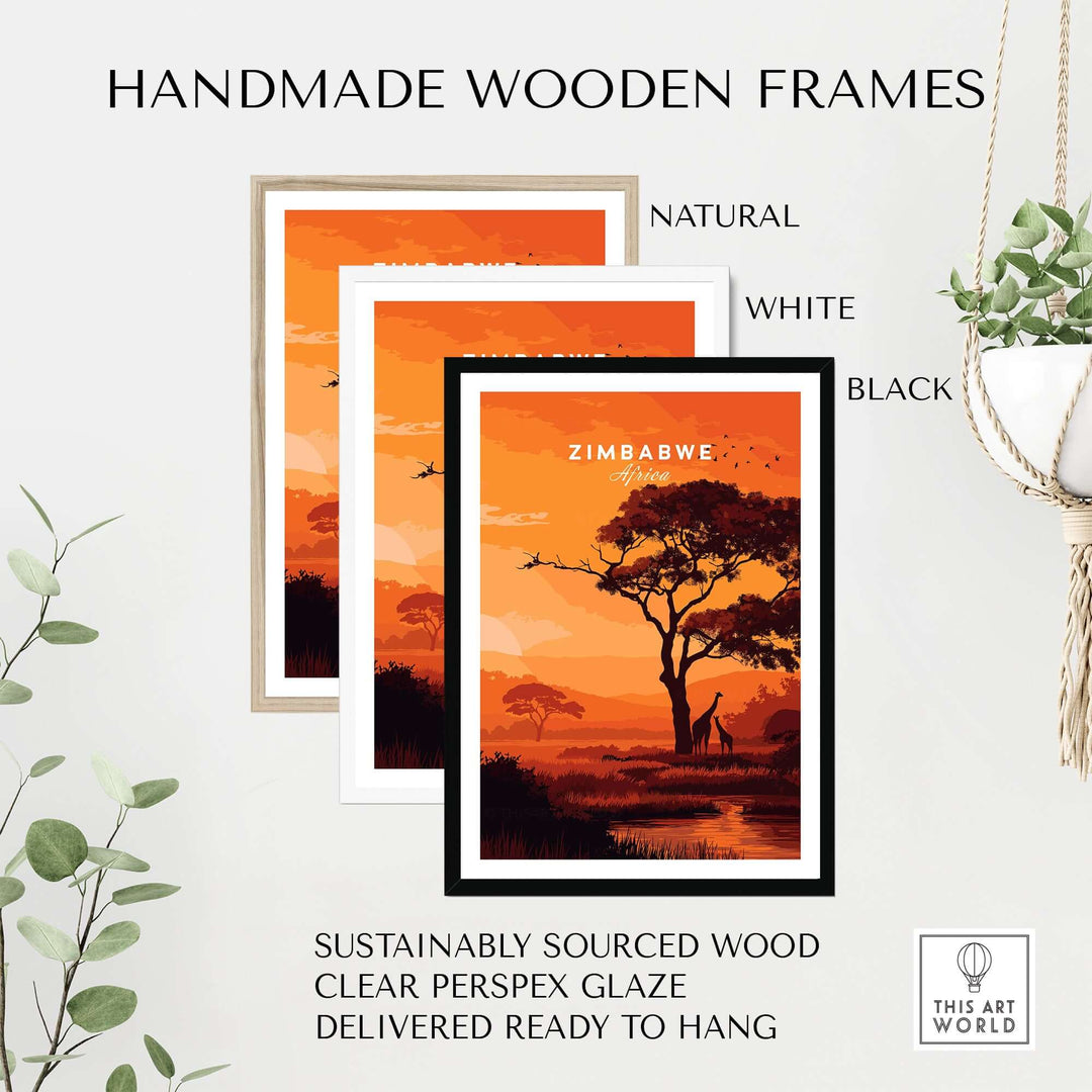 Handmade wooden frames in natural, white, and black finishes for Zimbabwe sunset poster, sustainably sourced wood.
