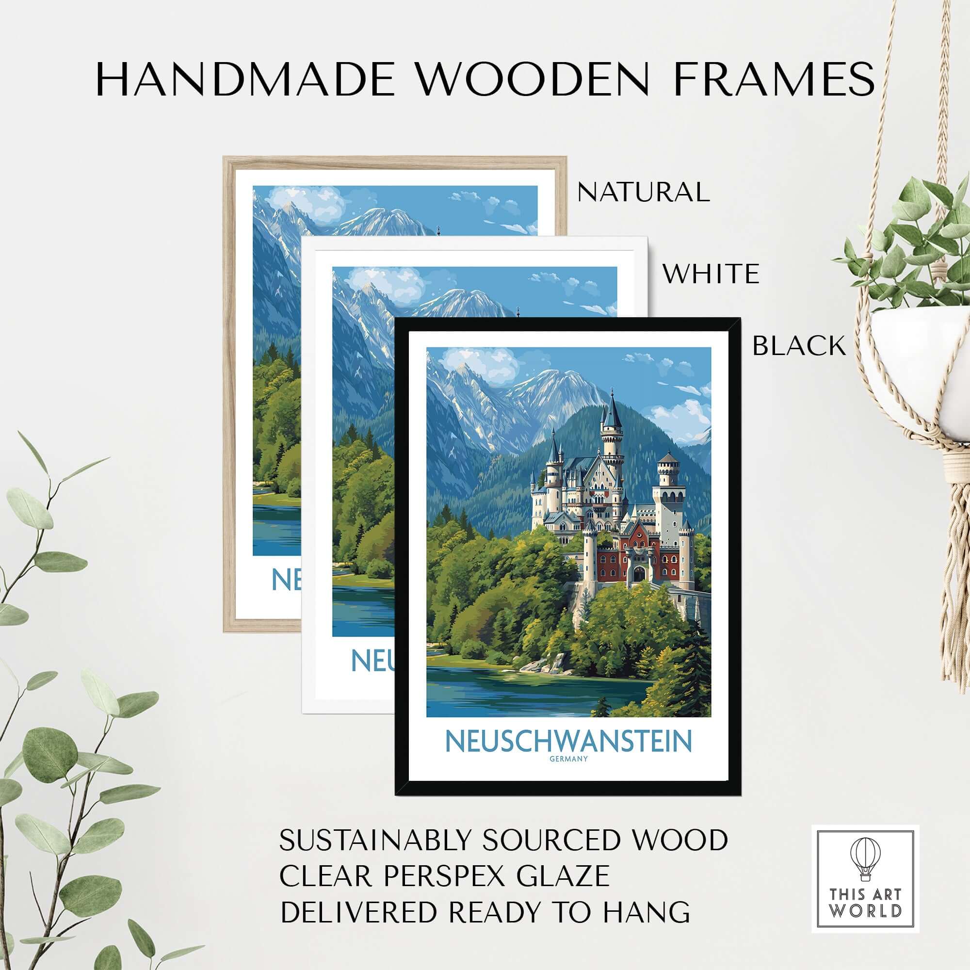 Handmade wooden frames showcasing Neuschwanstein Germany Art Print in natural, white, and black colors.