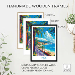 Nice Poster - France displayed in three handmade wooden frames: natural, white, and black.