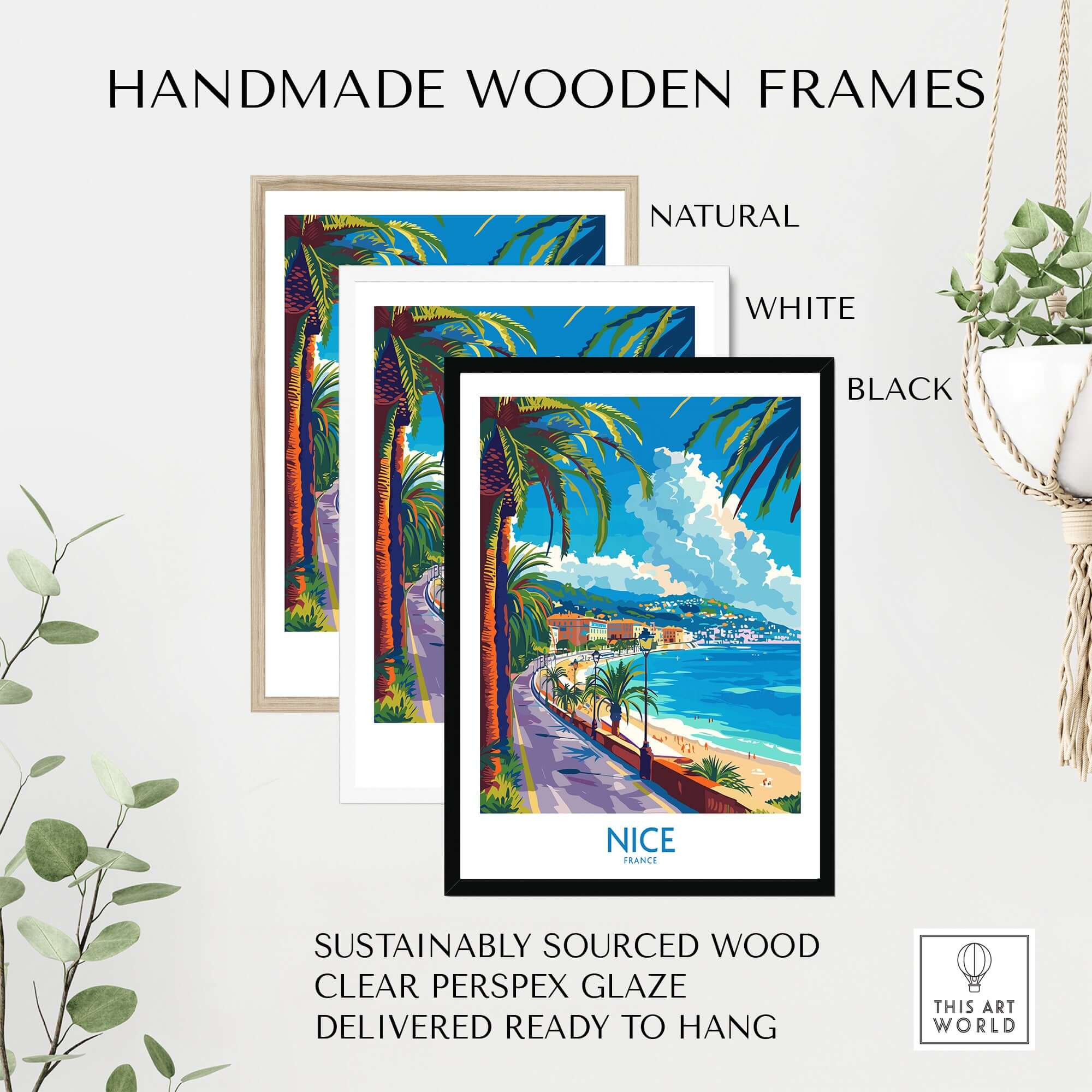 Nice Poster - France displayed in three handmade wooden frames: natural, white, and black.