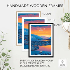 Handmade wooden frames in natural, white, and black for Tromsø City Lights and Snowy Hills Print | Northern Norway Wall Decor.