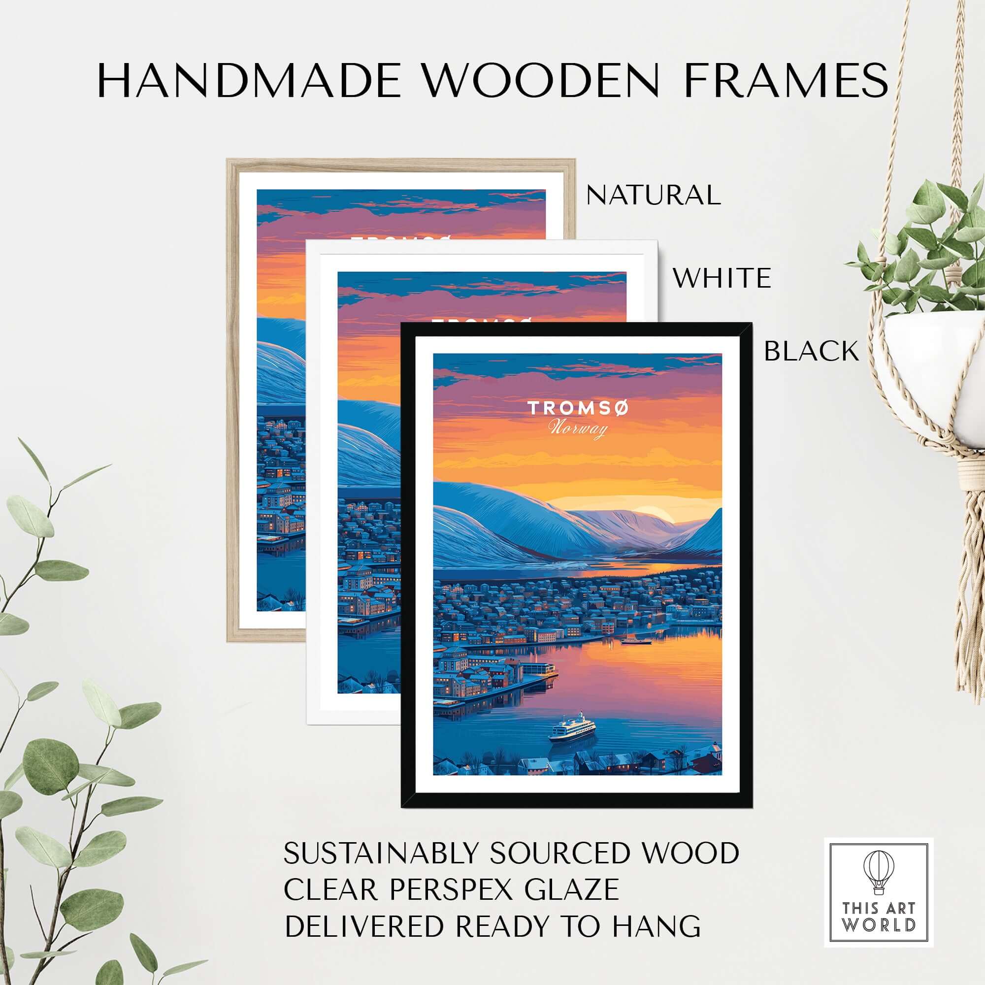 Handmade wooden frames in natural, white, and black for Tromsø City Lights and Snowy Hills Print | Northern Norway Wall Decor.