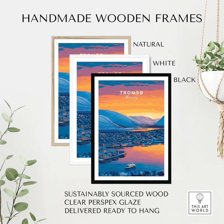 Handmade wooden frames for Tromsø City Lights and Snowy Hills Print | Northern Norway Wall Decor, natural, white, black options.