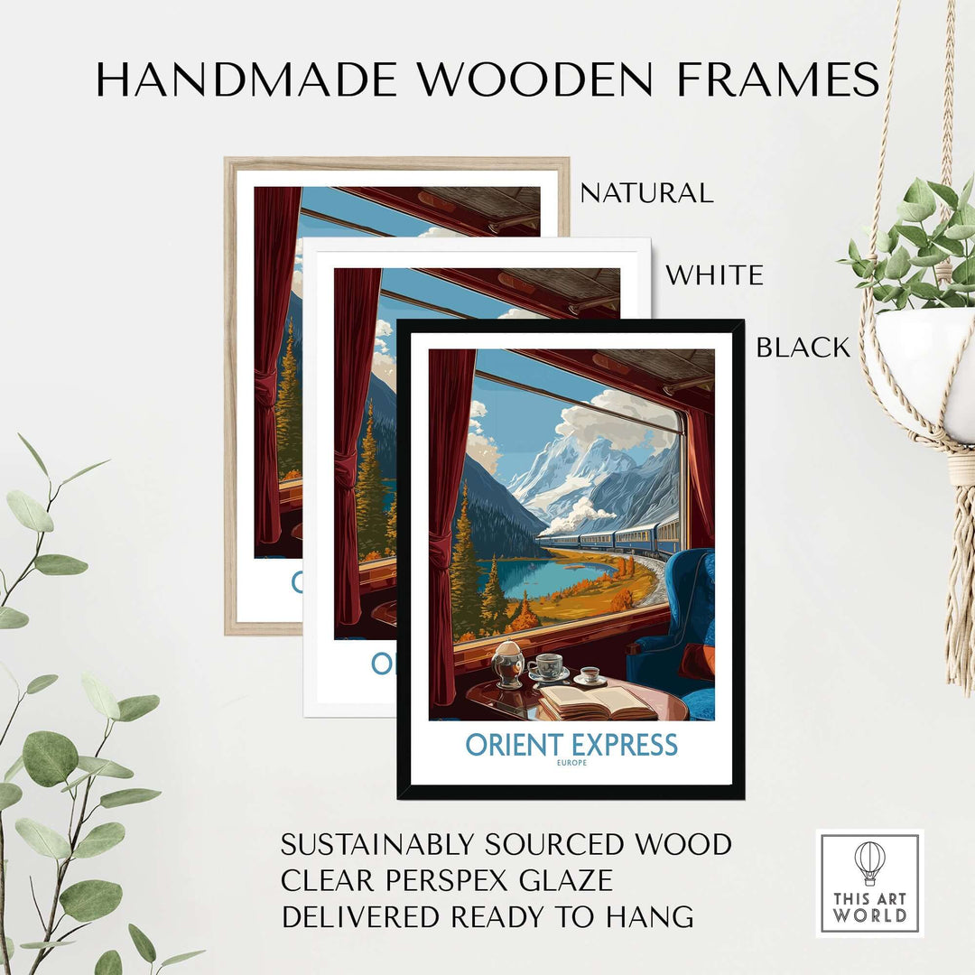 Orient Express Art Print | Alpine Lake Poster framed in natural, white, and black handmade wooden frames.