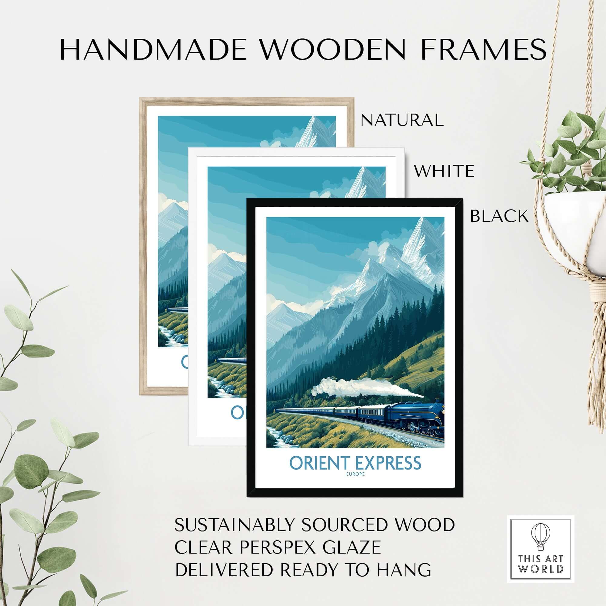 Orient Express Poster - Steam Train Art Print displayed in handmade wooden frames, available in natural, white, and black.