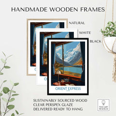 Orient Express Poster Window Art Print | Glacier Mountain View Poster displayed in handmade wooden frames.