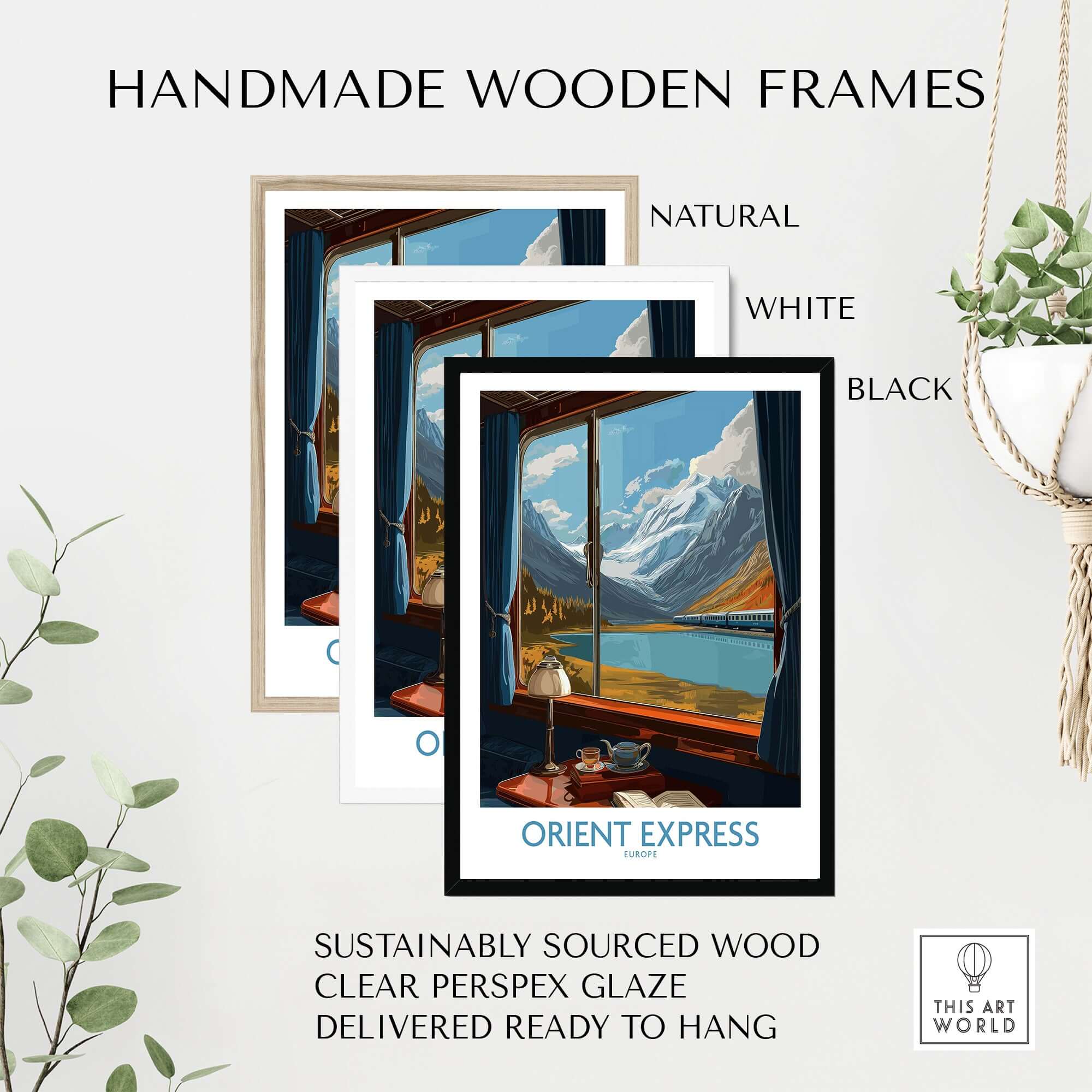 Orient Express Poster Window Art Print | Glacier Mountain View Poster displayed in handmade wooden frames.