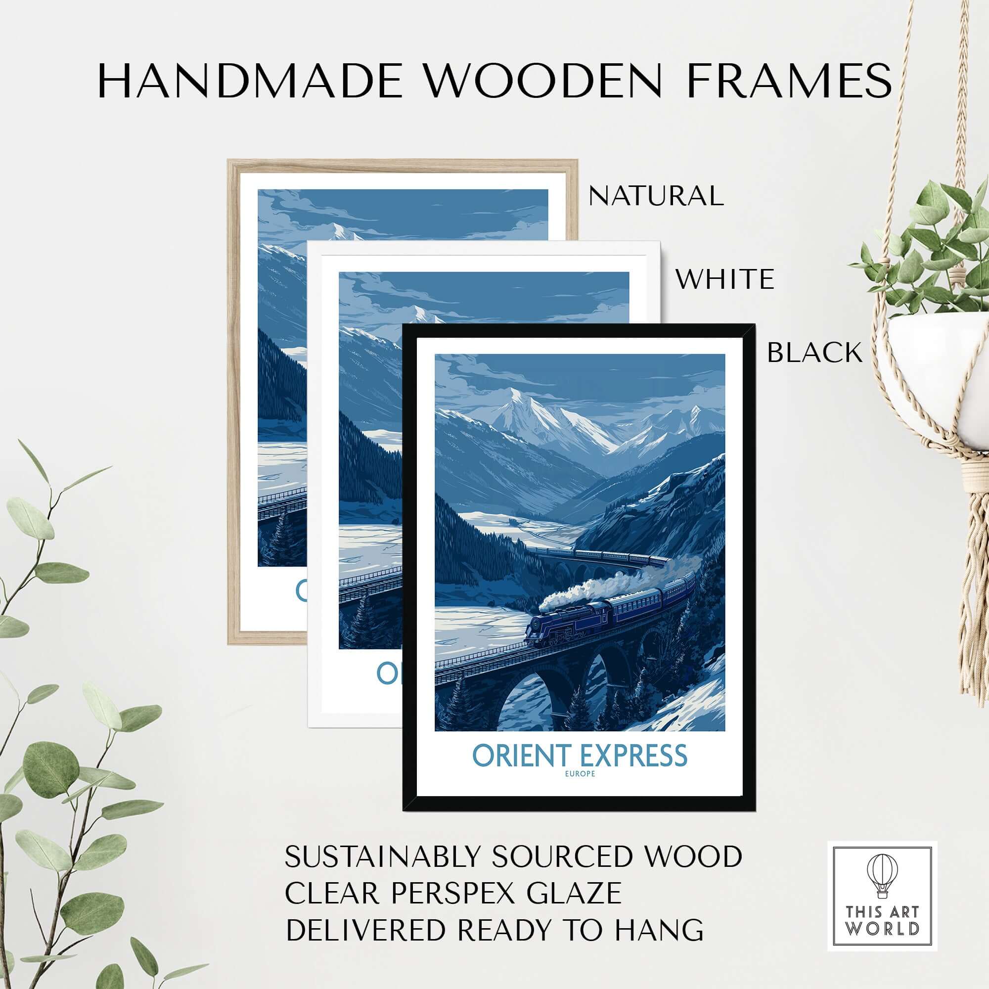 Orient Express Print | Snowy Mountain Poster displayed in handmade wooden frames available in natural, white, and black.