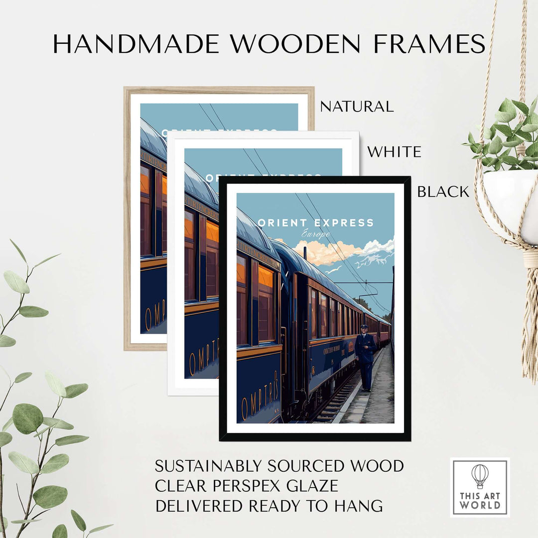 Orient Express Poster | Retro Rail Wall Art displayed in handmade wooden frames in natural, white, and black.