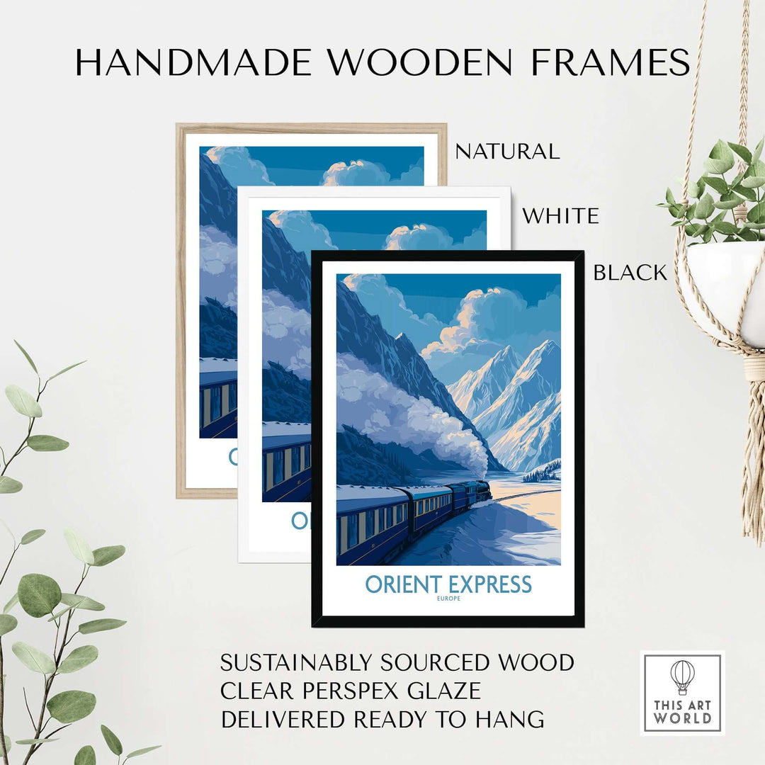 Orient Express Train Print | Snowy Alps Journey Poster displayed in handmade wooden frames in natural, white, and black finishes.