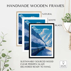 Orient Express Luxury Rail Mountain Scenery Print | Vintage Travel Wall Art in handmade wooden frames.