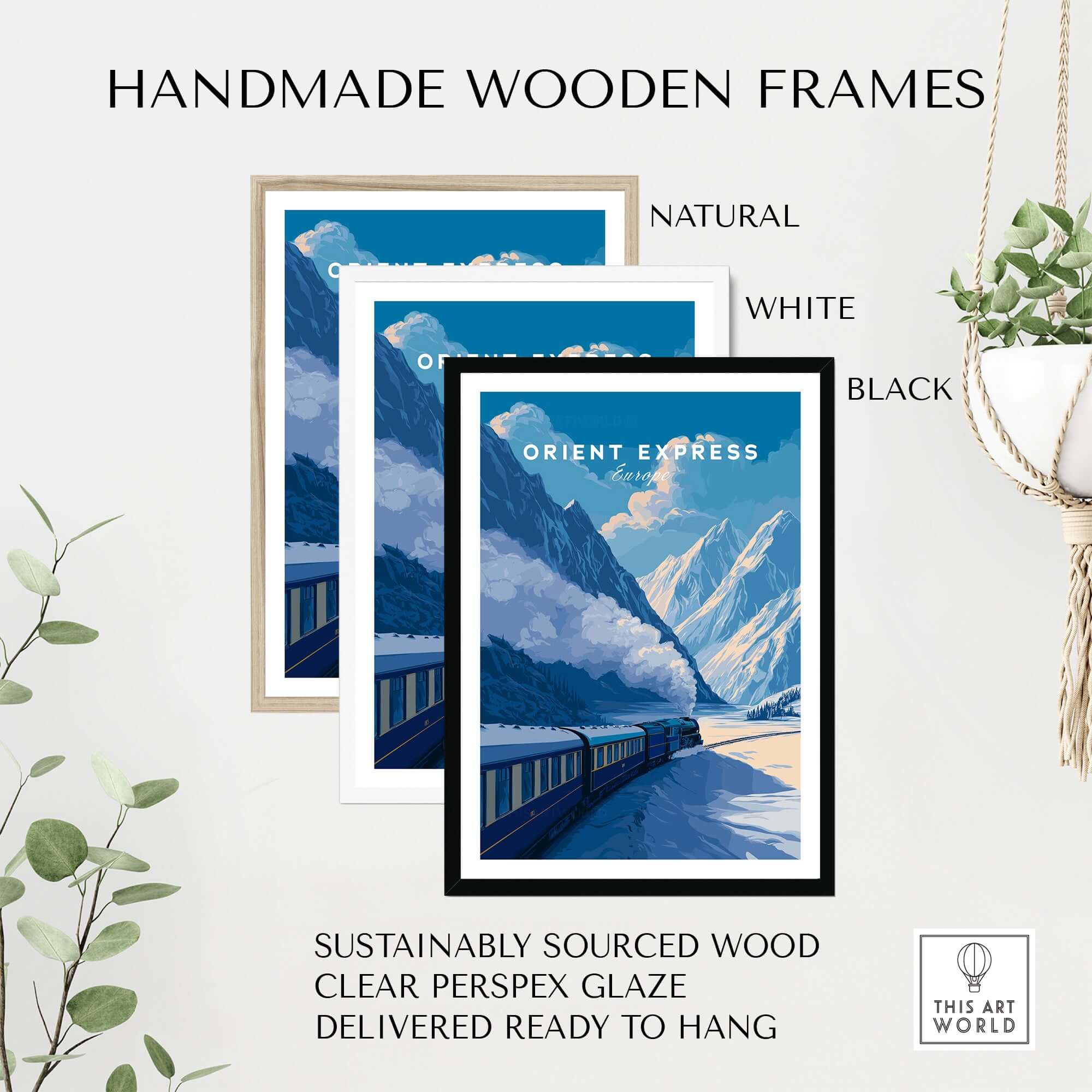 Orient Express Luxury Rail Mountain Scenery Print | Vintage Travel Wall Art in handmade wooden frames.