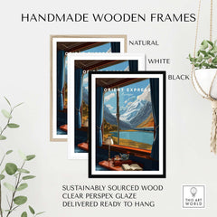 Orient Express Wall Art Print | Alps Travel Home Decor displayed in handmade wooden frames in natural, white, and black finishes.