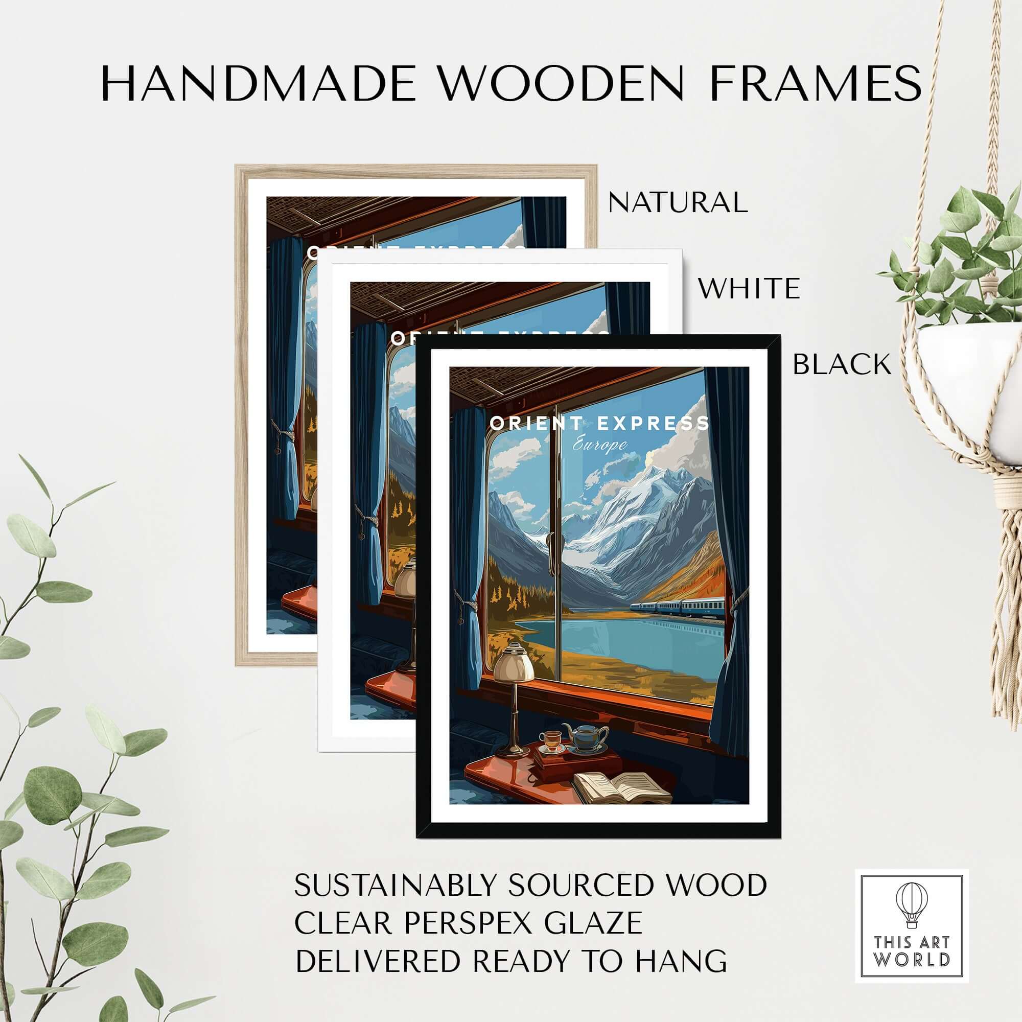 Orient Express Wall Art Print | Alps Travel Home Decor displayed in handmade wooden frames in natural, white, and black finishes.