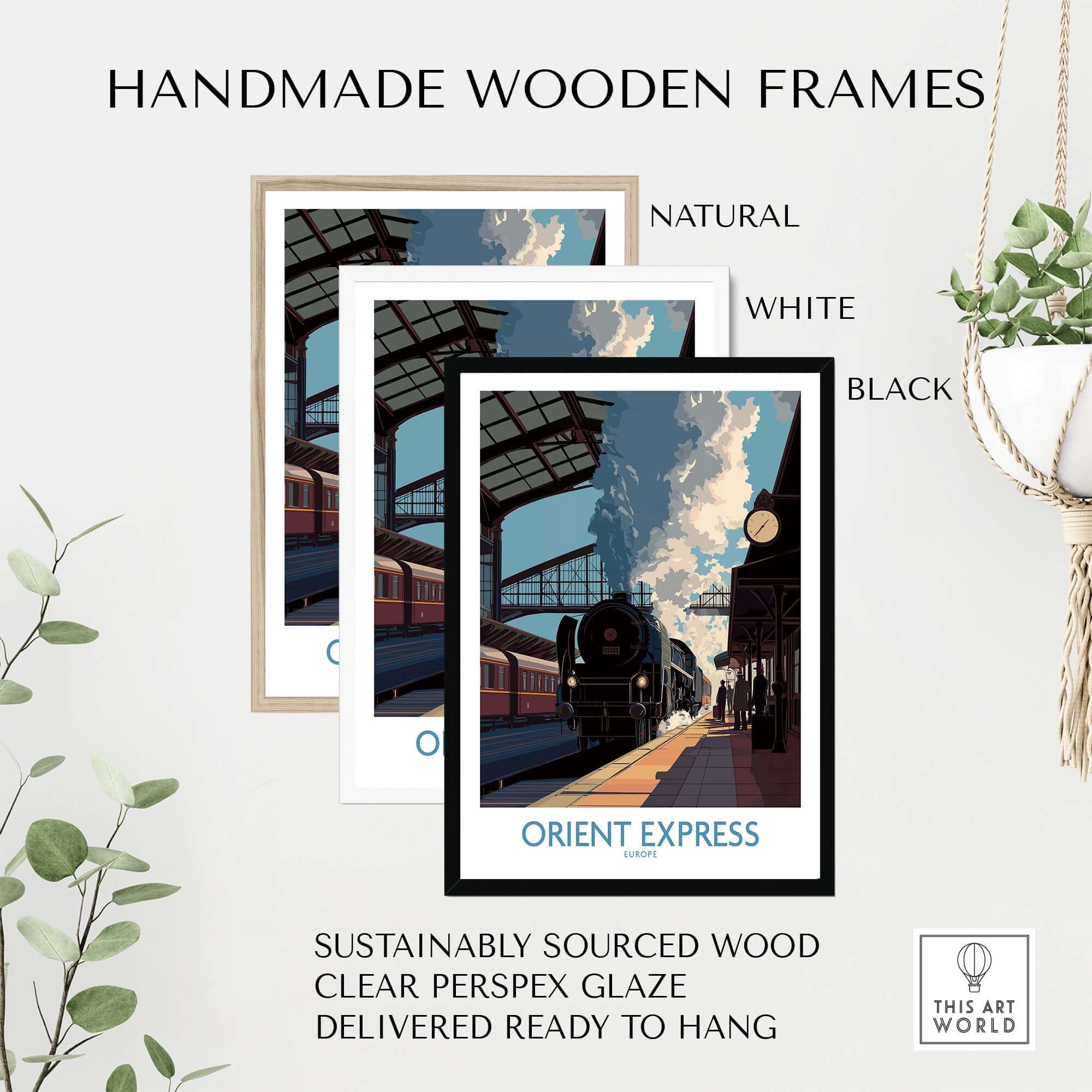Handmade wooden frames for Orient Express Wall Art Print | Steam Engine Platform Poster, available in natural, white, and black.