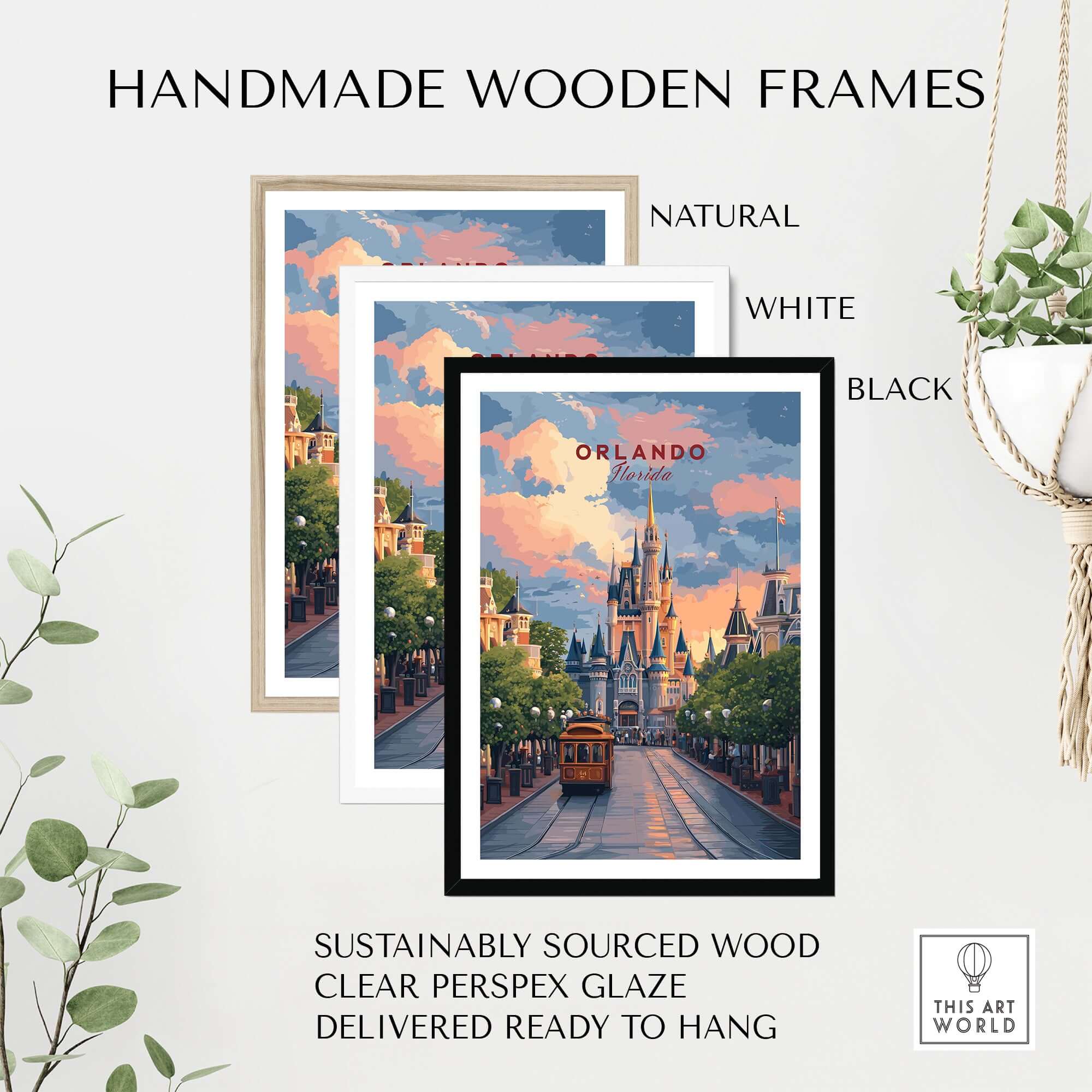 Orlando Print | Florida Home Decor in handmade wooden frames, showcasing natural, white, and black options.