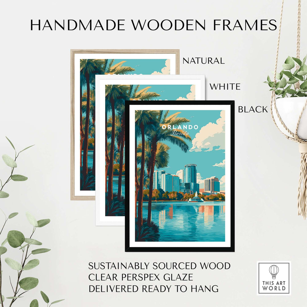 Orlando Print | Florida City Wall Art displayed in handmade wooden frames in natural, white, and black finishes.