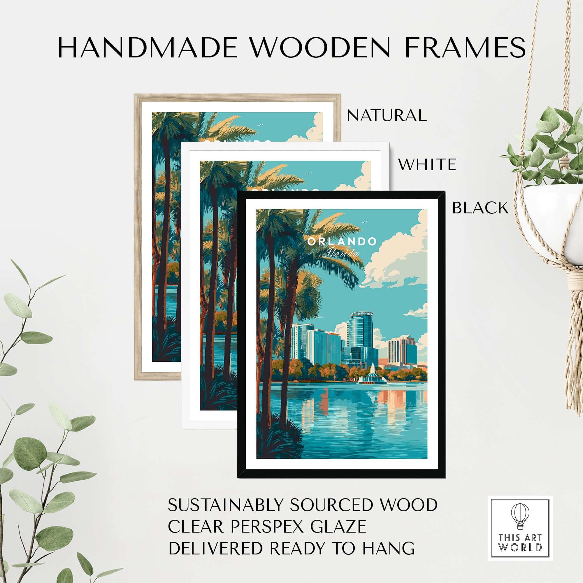 Orlando Print | Florida City Wall Art in handmade wooden frames: natural, white, and black options displayed.