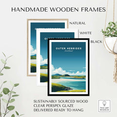 Handmade wooden frames in natural, white, and black colors featuring the Outer Hebrides Art Print - Scottish Beach Poster - Minimalist Scottish Landscape.