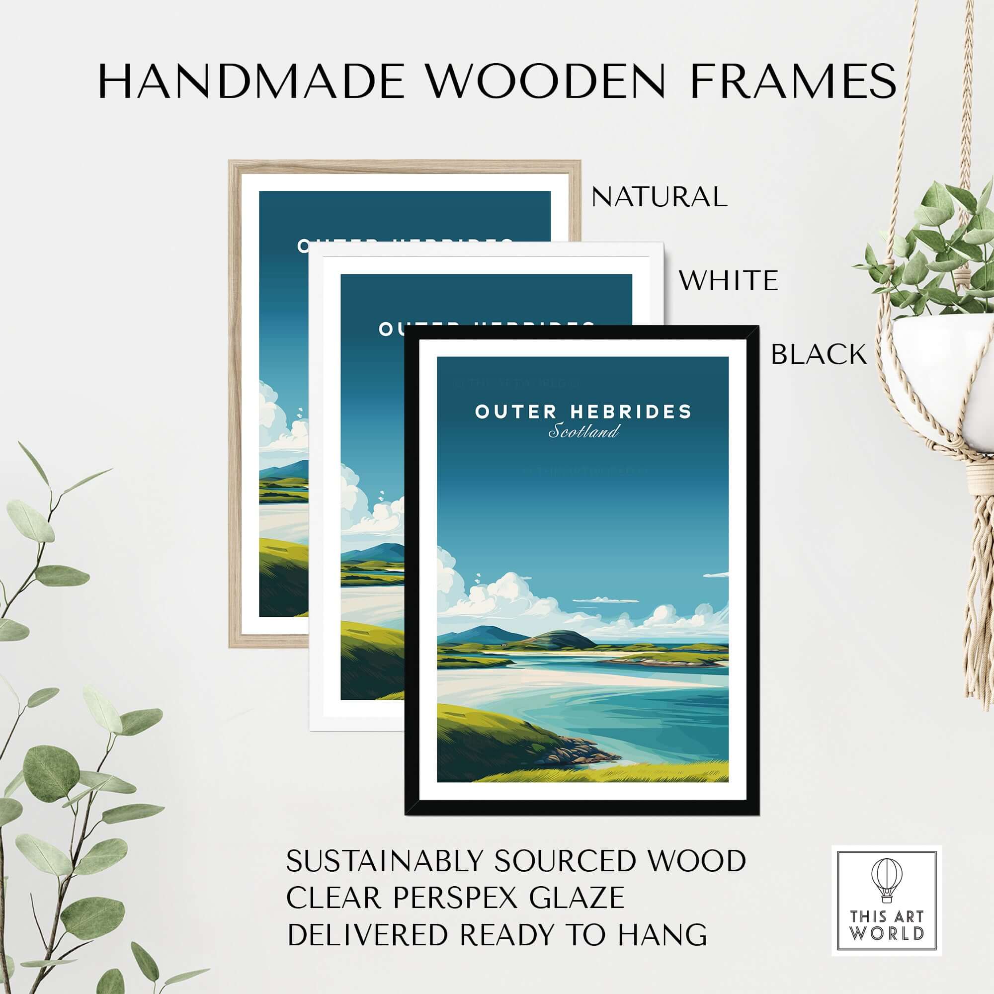 Handmade wooden frames in natural, white, and black colors featuring the Outer Hebrides Art Print - Scottish Beach Poster - Minimalist Scottish Landscape.