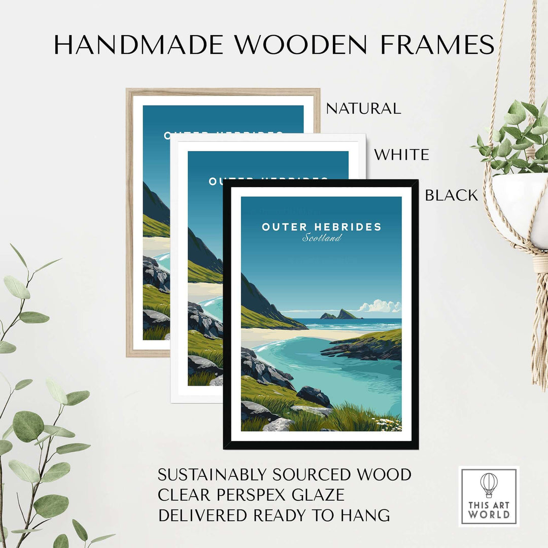Handmade wooden frames in natural, white, and black, ideal for displaying Outer Hebrides art prints.