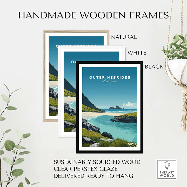 Handmade wooden frames in natural, white, and black, ideal for displaying Outer Hebrides art prints.