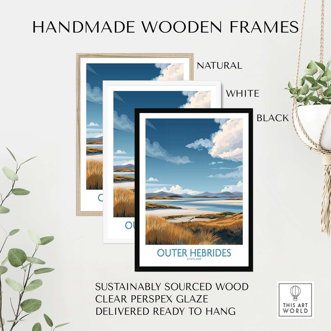 Handmade wooden frames for Outer Hebrides landscape poster in natural, white, and black colors, sustainably sourced wood.