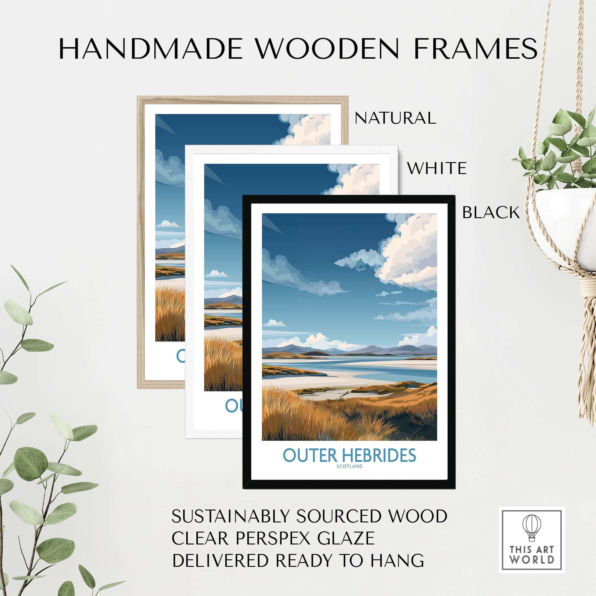 Handmade wooden frames for Outer Hebrides Landscape Poster - Scotland Coastal Print - Scottish Highlands Wall Art.