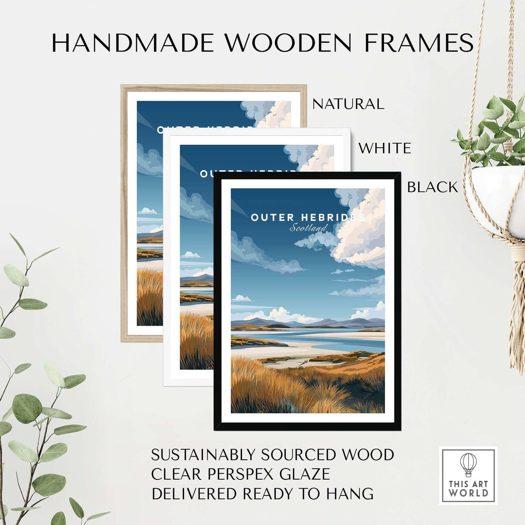 Handmade wooden frames in natural, white, and black, featuring a Scottish Islands print with clear perspex glaze.