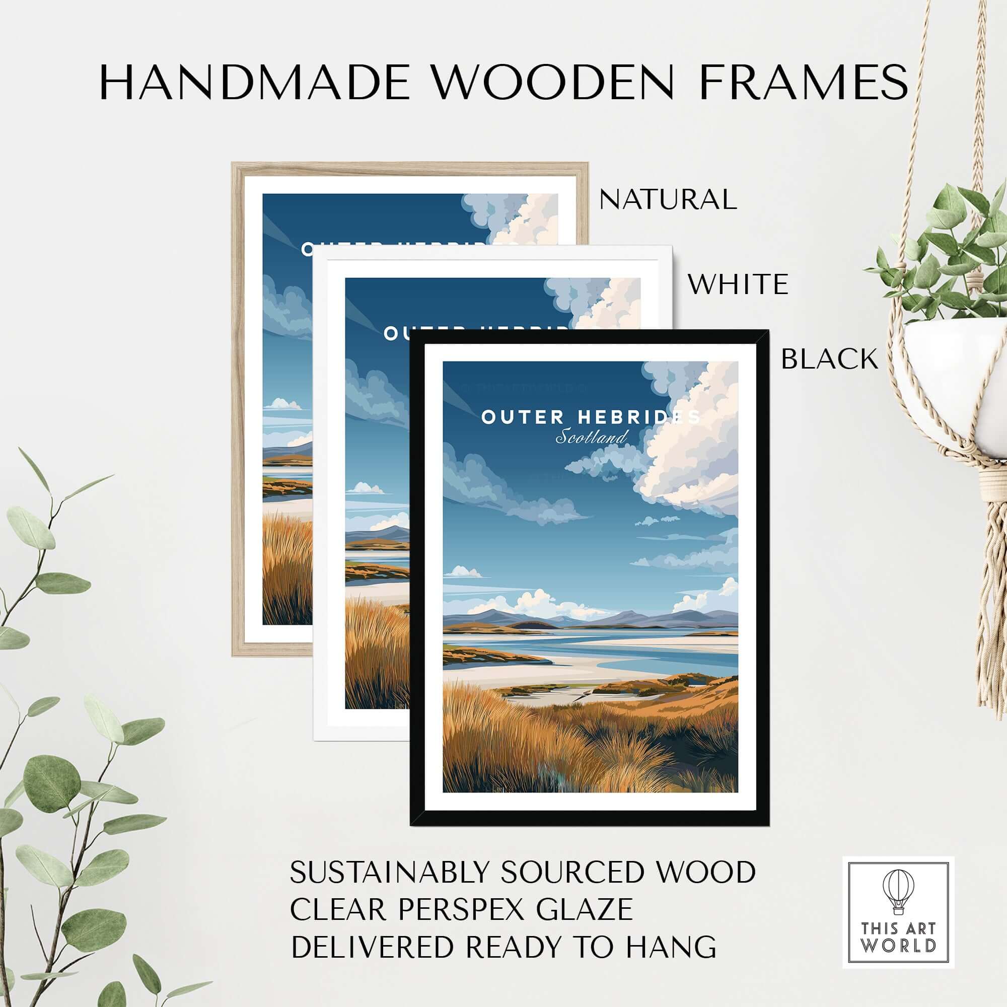 Handmade wooden frames in natural, white, and black for Scottish Islands Travel Print - Grassy Dunes & Seascape Poster - Outer Hebrides Decor.