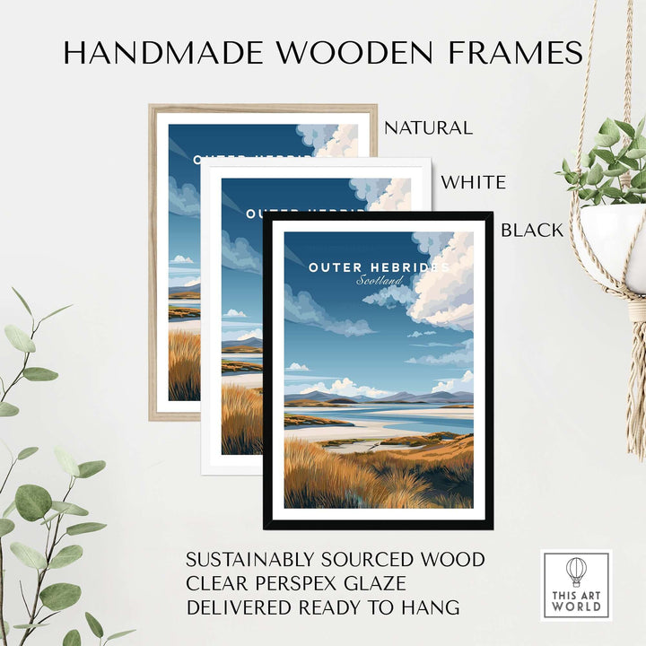 Handmade wooden frames in natural, white, and black, featuring a Scottish Islands print with clear perspex glaze.