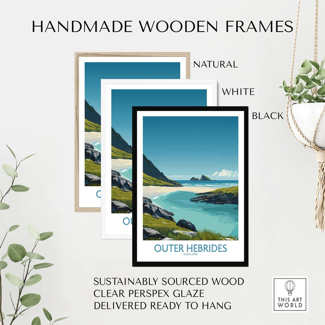 Handmade wooden frames in natural, white, and black for Outer Hebrides beach poster, sustainably sourced wood, ready to hang.