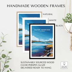 Outer Hebrides Wall Art - Scottish Islands Poster - Blue Sea Landscape Print framed in handmade wooden frames.